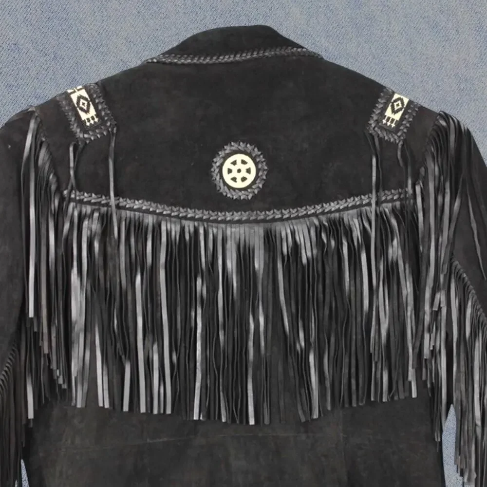 Vintage Scully Men’s Western Fringe Black Leather Beaded Tribal Jacket - Size 52